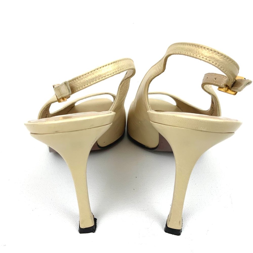 Stuart Weitzman Leather Metallic Gold Slingback Peep Toe Heels Sz 9 - Picture 10 of 16